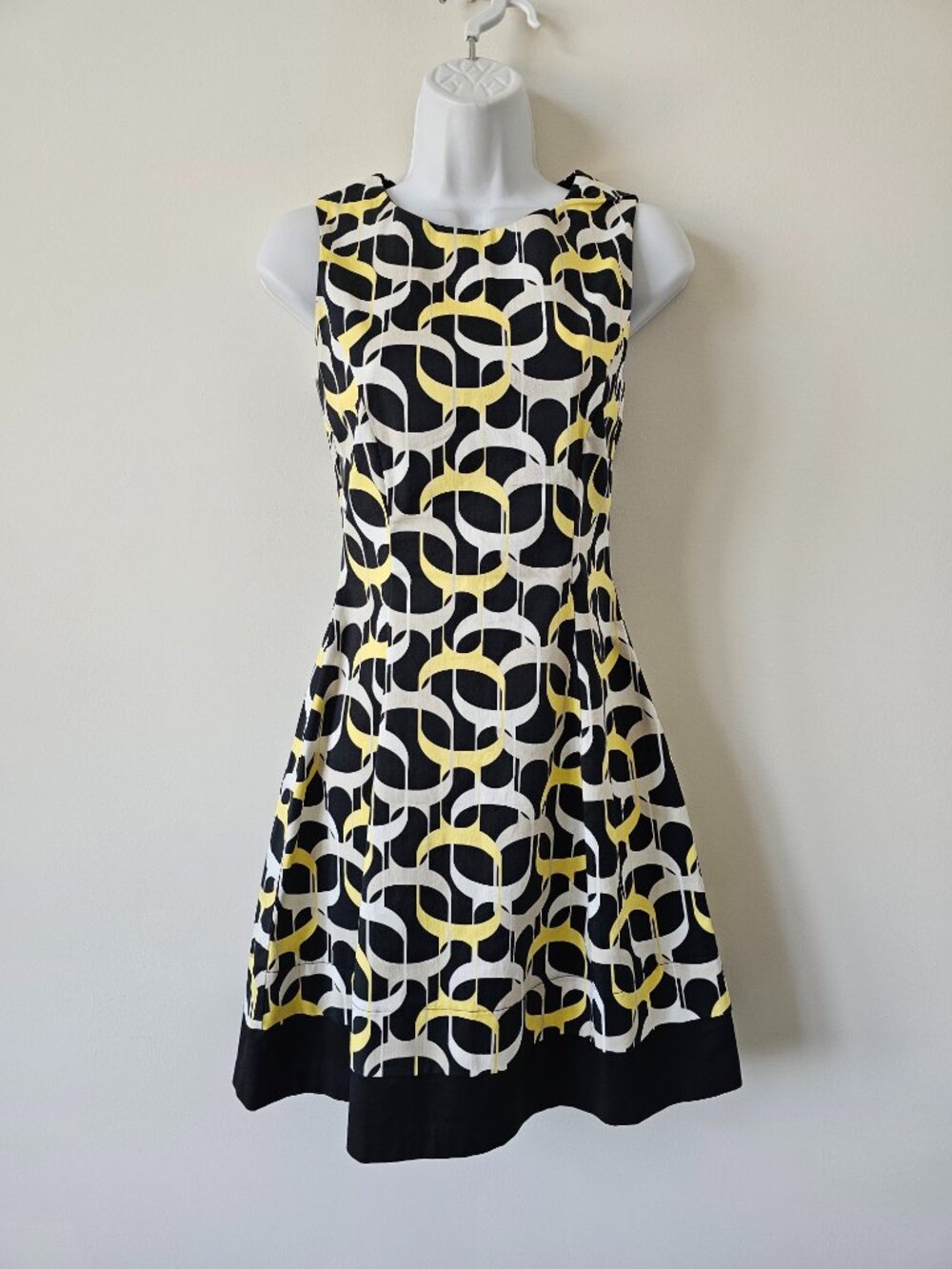 SANDRO FERRONE Black Yellow Cotton Stretch Boat Neck A-Line Dress 40/4, Italy